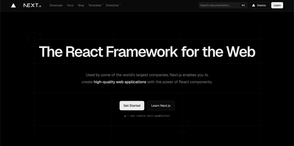 Next.js homepage. Open source. Free. Used by companies like TikTok, Hulu, Nike, Notion. Then: Vercel's "Deploy" button right next to it.